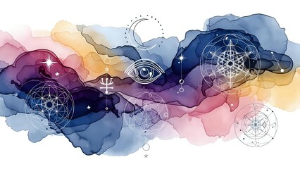 Abstract watercolor background with sacred geometry symbols, mystical patterns and cosmic elements for spiritual design projects.