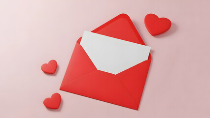 An open red envelope with a blank white paper lies surrounded by scattered red hearts on a pink background