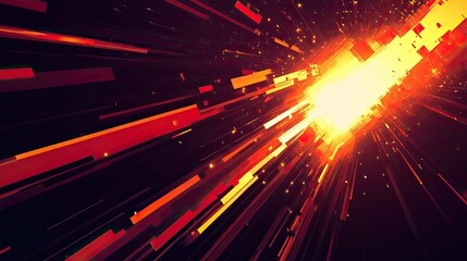 Abstract background creating a dynamic sense of motion and speed with glowing light particles bursting from a central bright point through a dark space