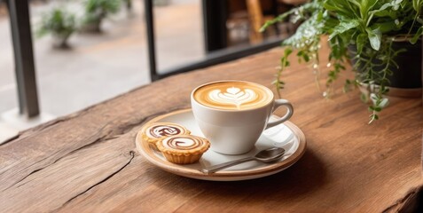A table in a cafe, a latte with a pretty picture on the table and a phone next to it