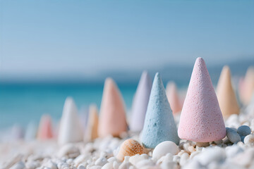 Colorful cone shapes standing on a white pebble beach with blue sea background. Abstract bew year and christmas vacation concept