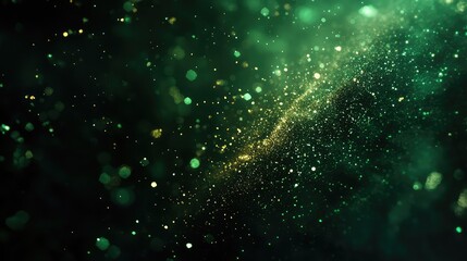 Obraz premium Glowing green and golden dust particles creating an abstract, dreamy, and energetic stream of light and sparkling bokeh effects on a dark background, ideal for festive banners and elegant designs