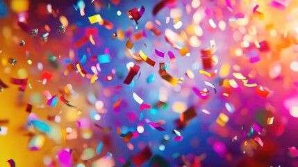 Multicolor confetti and vibrant particles are falling and scattering in a festive cascade against a softly blurred, gradient background, symbolizing celebration, joy, and cheerful events