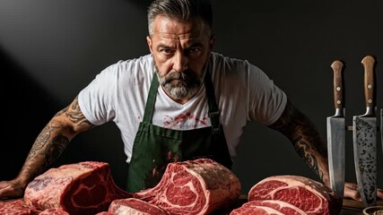 A focused butcher displays prime cuts of beef and professional knives showcasing culinary expertise