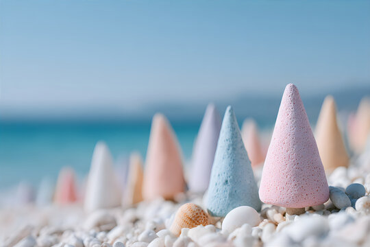 Colorful cone shapes standing on a white pebble beach with blue sea background. Abstract bew year and christmas vacation concept