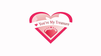 Heart shaped locket with you're my treasure text and pink hearts on white background