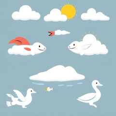 Obraz premium Whimsical white clouds and a smiling sun populate a blue sky with charming bird and fish characters