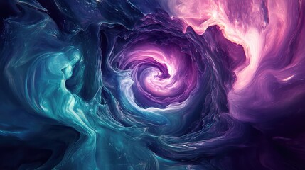 Vibrant purple, blue and teal liquid vortex forming a glowing abstract tunnel of swirling energy and motion, a neon fluid texture evoking futuristic, cosmic and digital flow dynamics
