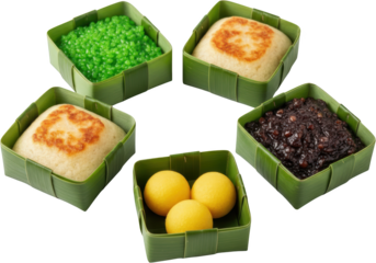 Colorful assortment of traditional Asian desserts including green jelly sweet rice cake golden balls and black bean paste presented in bamboo trays with natural leaves
