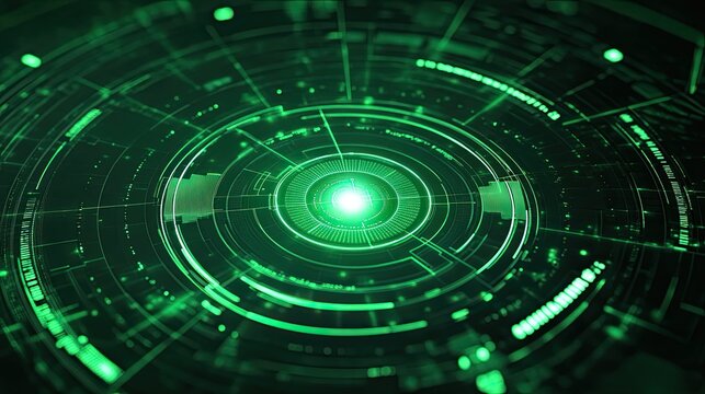 Abstract glowing green circles and lines representing a complex digital interface, visualizing secure data flow, cyber systems, and interconnected technology for advanced computing solutions - Powered by Adobe