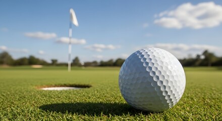 Obraz premium Close up of a white golf ball on green grass course. Sport competition and leisure activity. Ball sitting near the hole with flag in background