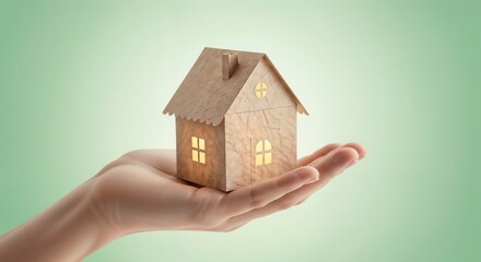 Wooden House Model in Hand with Soft Green Background