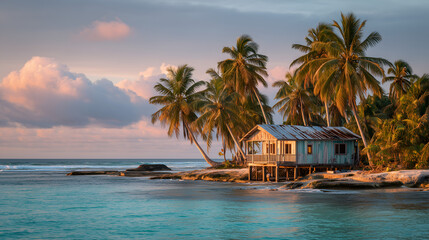 Naklejka premium Cozy eco-friendly off-grid home hidden among tropical palm trees, natural materials, sustainable architecture, serene lifestyle.