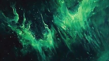 Obraz premium Green nebula patterns creating a vibrant abstract universe background, featuring flowing cosmic energy with scattered glowing stardust on a dark gradient