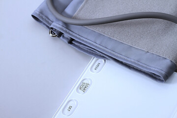 Blood pressure measuring device isolated on table no people stock photo stock image