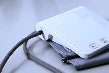 Blood pressure measuring device isolated on table no people stock photo stock image