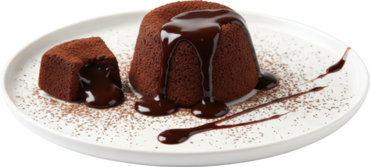 Decadent molten chocolate cake with rich sauce and cocoa dust served on a white plate featuring a cut piece revealing gooey chocolate inside dessert gourmet
