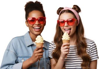 Two joyful young women with sunglasses enjoying delicious ice cream cones smiling brightly in a casual outfit playful and fun summer vibes vibrant colors and expressions