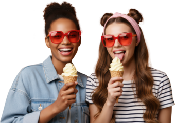 Two joyful young women with sunglasses enjoying delicious ice cream cones smiling brightly in a casual outfit playful and fun summer vibes vibrant colors and expressions