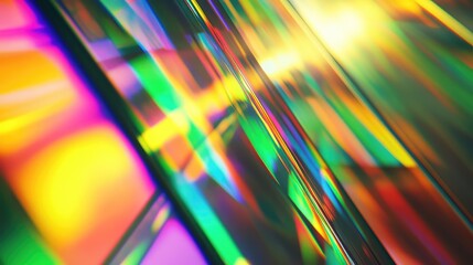 Abstract light refraction dynamics creating a vibrant, colorful spectrum across a textured surface, forming a modern and energetic visual background with bright yellow, green, and pink hues
