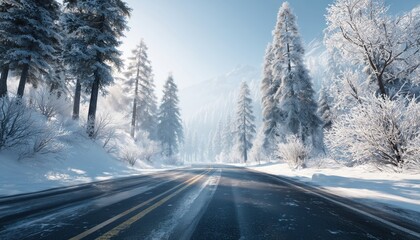 Scenic Asphalt Road Covered In Snow During A Stunning Winter Day With Frost And Sunshine.