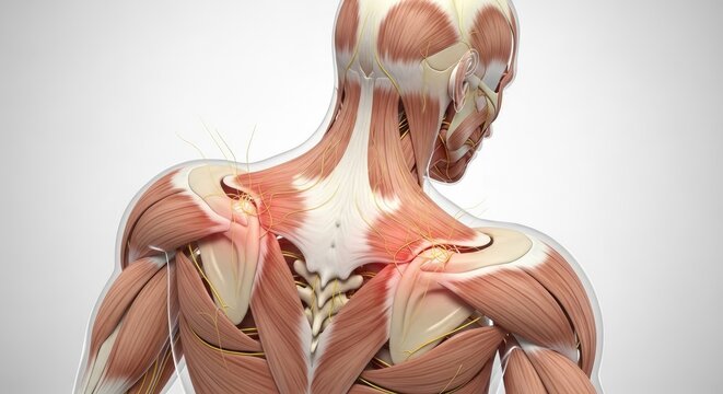 Human anatomy of painful shoulders showing bones muscles and tendons in bright colors 3d rendering isolated on white Injury pain sprain inflammation problems concept
