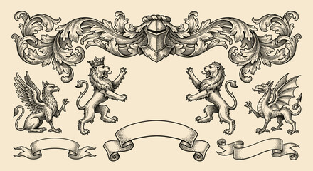 Medieval heraldic animals and shield elements set engraving illustration