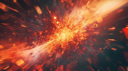 Fiery abstract explosion of light and hot particles radiating outward, vibrant orange red glow conveying intense energy, motion, heat, destruction, and dynamic power