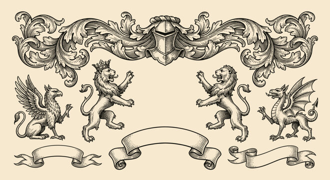 Medieval heraldic animals and shield elements set engraving illustration