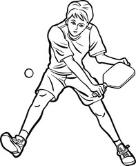 Young male pickleball player hitting the ball with a paddle outline