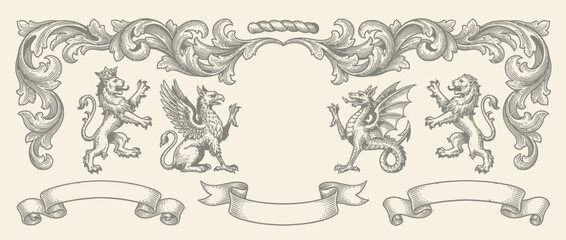 Heraldic crest animals and ornate vintage design elements illustration