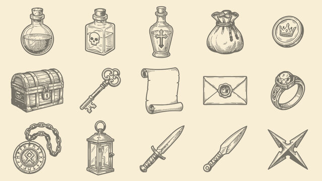 Fantasy RPG game adventure items engraving style vector