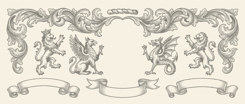 Heraldic crest animals and ornate vintage design elements illustration