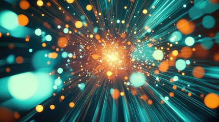 Glowing light particles radiating from a central point create an abstract visual representing data flow, high speed connection, and technological communication in a dynamic network