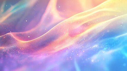 Abstract background displaying soft, shimmering layers of gradient color blending from blue to purple, pink, orange, and yellow, accented by sparkling, ethereal particles