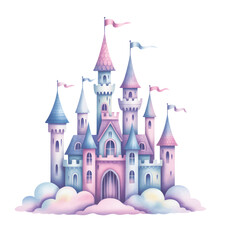 Fairytale princess castle watercolor illustration for children birthday invitation. © Songrami