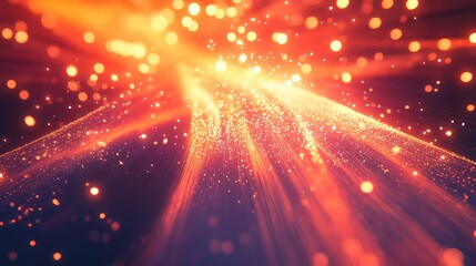 Fototapeta premium Flowing streams of shimmering golden and orange light particles radiating from a bright source, forming an intricate abstract network, symbolizing digital connectivity and energy