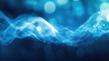 Abstract digital wave of glowing particles creating a dynamic light stream, symbolizing data flow, innovative energy, and futuristic technological connections against a bokeh background