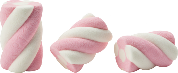 Close up view of three fluffy pink and white marshmallow candies with twist design showcasing their soft texture and vibrant colors against a clean backdrop
