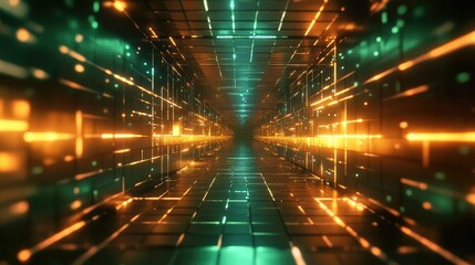 Abstract visualizing concept showing bright lines and dots connecting within a dark tiled tunnel, representing digital information transferring through a data network