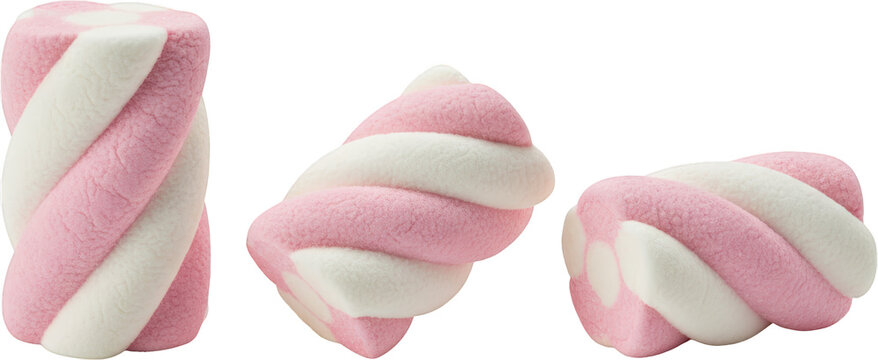 Close up view of three fluffy pink and white marshmallow candies with twist design showcasing their soft texture and vibrant colors against a clean backdrop