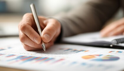 Confidential Business Executive Studying Charts And Jotting Down Important Information In A Meeting.