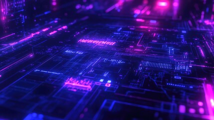 Abstract technology background showing glowing blue and pink digital lines and information streams moving across an electronic circuit board, representing data processing and network connectivity