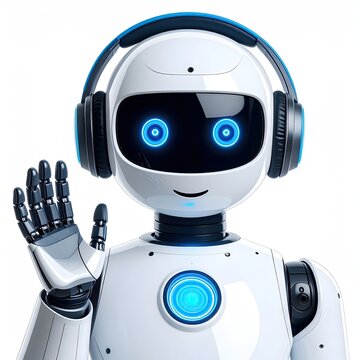 Friendly white robot with glowing eyes and headphones waving hello