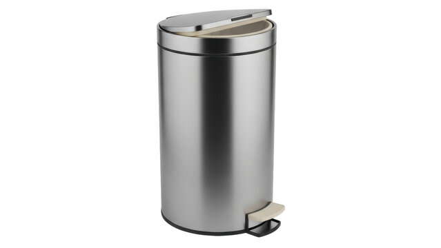Stainless steel trash can with foot pedal PNG isolated on transparent background, modern waste bin for kitchen or bathroom use