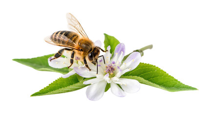 close-up shot of honey bee delicately gathering nectar from a blossom, showcasing nature's harmonious symbiosis and the vital role of pollinators. Isolated On Transparent and White Background