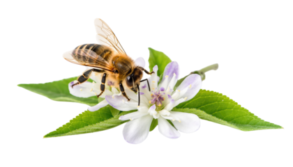 close-up shot of honey bee delicately gathering nectar from a blossom, showcasing nature's harmonious symbiosis and the vital role of pollinators. Isolated On Transparent and White Background
