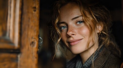 Fototapeta premium Young blonde woman with blue eyes smiling warmly in cozy rustic wooden interior with natural lighting for lifestyle and portrait photography.