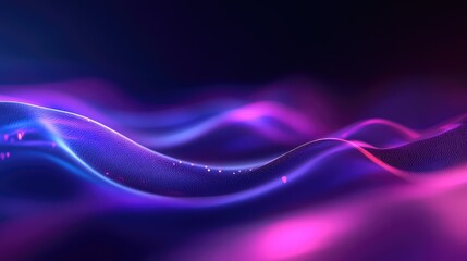 Abstract technological wave form creating a dynamic background with glowing particles and smooth blue, purple, and pink gradients, visualizing data flow, sound, and future innovation