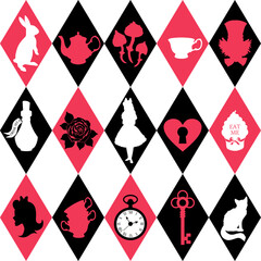 Wonderland seamless pattern. Silhouettes Alice, rabbit, key, tea cup and teapot, roses and other on checkered background. Texture for fabric, wallpaper, decorative print
